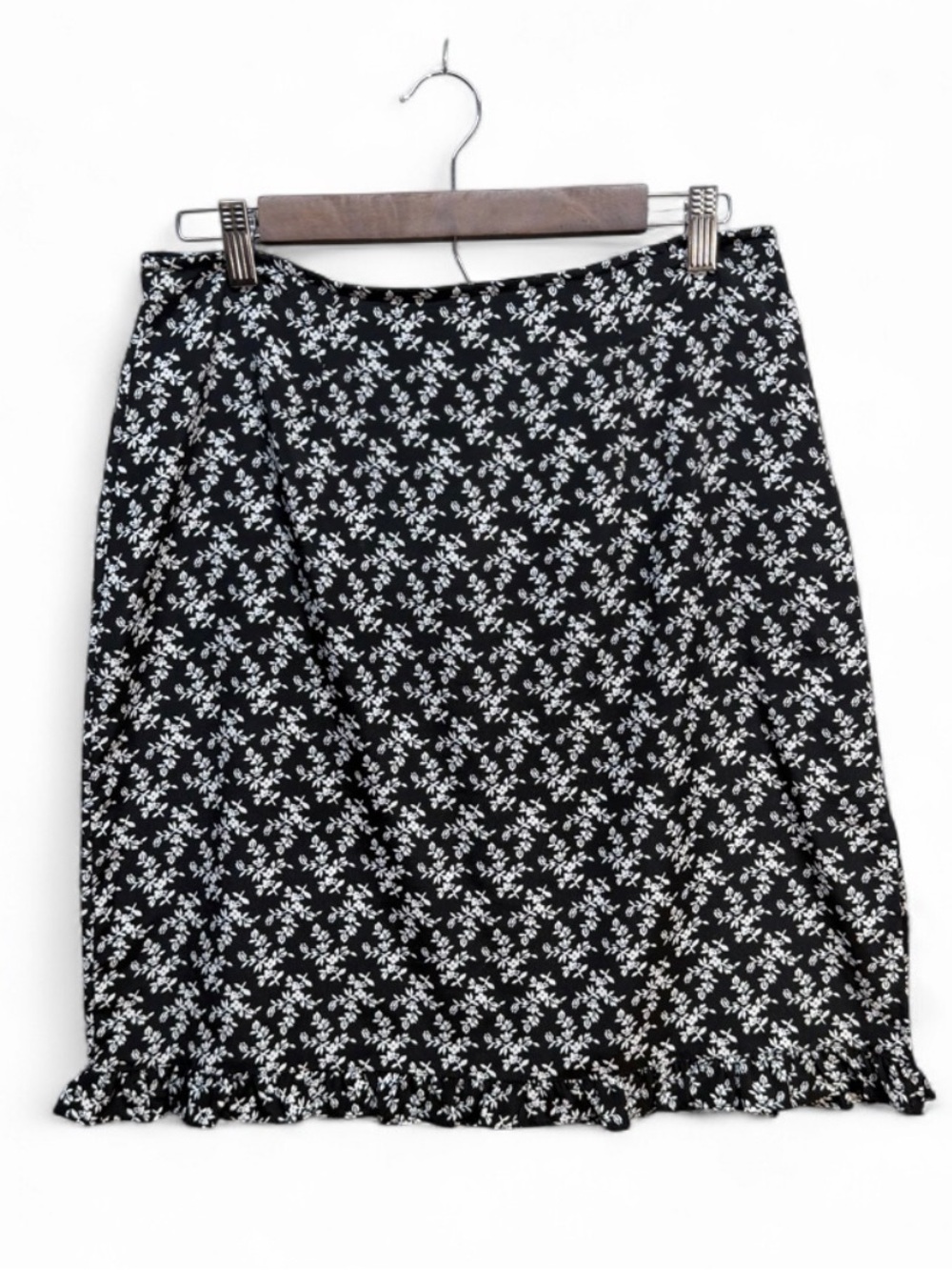 Vintage Black White Ditsy Floral Ruffle Hem Mini Skirt 90’s